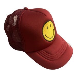Smiley Face Trucker Hat in Red